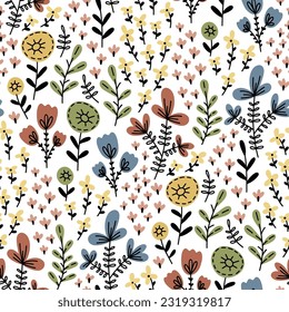 Hand-drawn folk-style vector seamless repeat pattern featuring doodle flowers in jewel tones. Abstract flowers, stylized foliage and leaves for textile and wallpaper design