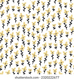 Hand-drawn folk-style vector seamless repeat pattern featuring yellow doodle flowers in jewel tones. Abstract flower field and stylized foliage for textile and wallpaper design