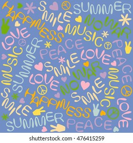 hand-drawn fonts and symbols in the hippie style on blue background