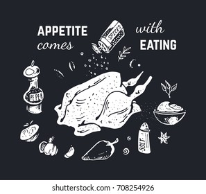 Hand-drawn food - chalk on a black chicken board with vegetables and spices. Isolated vector composition for design of posters and black walls in a cafe and a restaurant