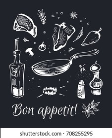 Hand-drawn food - chalk on a black board fried meat steaks in a frying pan with olive oil and spices. Isolated vector composition for design of posters and black walls in a cafe and a restaurant