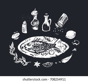 Hand-drawn food - chalk on blackboard fish with vegetables and spices. Isolated vector composition for design of posters and black walls in a cafe and a restaurant