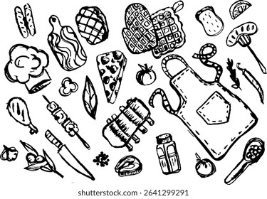 Hand-drawn food and cooking elements including utensils and ingredients