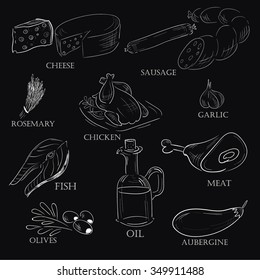 hand-drawn food doodles on chalkboard 