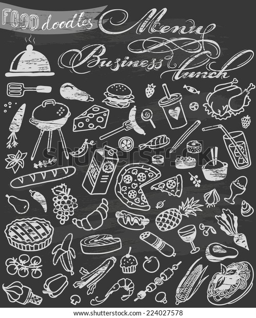 Handdrawn Food Doodles On Chalkboard Stock Vector (Royalty Free) 224027578