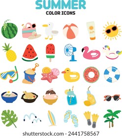 Hand-drawn food, fruit, and play icons symbolizing summer