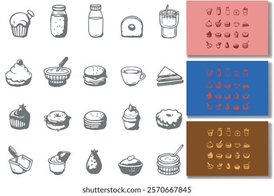 Hand-drawn food icons in various styles and color palettes.