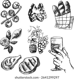 Hand-drawn food illustrations of wine, meat, and vegetables  