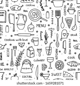 Hand-drawn food and kitchen utensils seamless pattern in doodle style. Vector illustration on white background.