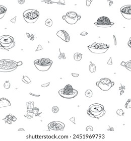 Hand-drawn food set. Dishes from different cuisines of the world.  Vector  seamless pattern.