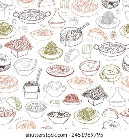 Hand-drawn food set. Dishes from different cuisines of the world.  Vector  seamless pattern.