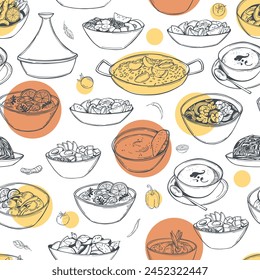 Hand-drawn food set. Dishes from different cuisines of the world.  Vector  seamless pattern.