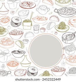 Hand-drawn food set. Dishes from different cuisines of the world. Vector background.  Sketch  illustration. 