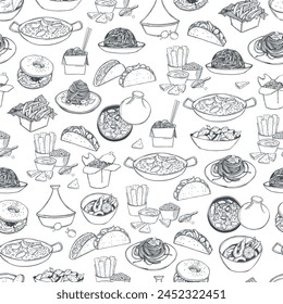 Hand-drawn food set. Dishes from different cuisines of the world.  Vector  seamless pattern.