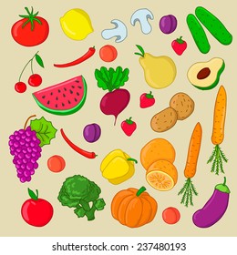 Hand-drawn food set with various fruit and vegetables 