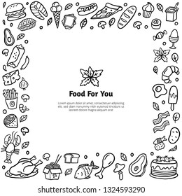 Hand-drawn food stylized frame. Black and white doodle illustration with many different dishes. Vector set good for site, menu, flyer or banner.
