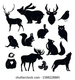 Handdrawn Forest Animals Silhouette: Deer, Bear, Volf, Fox, Rabbit, Owl. Illustration