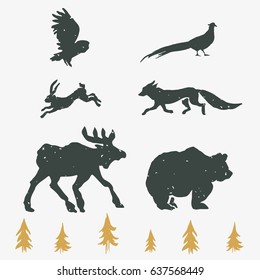 Hand-drawn forest silhouettes animals:elk, fox, hare, bear, owl, pheasant