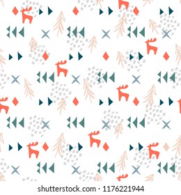 Hand-drawn forest silhouettes seamless pattern.
