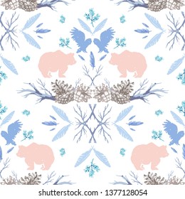 Hand-drawn forest silhouettes seamless pattern with animals: bear, owl