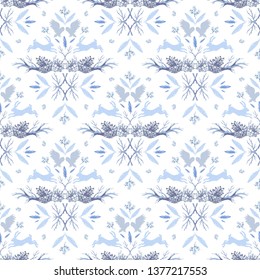 Hand-drawn forest silhouettes seamless pattern with animals:hare, owl