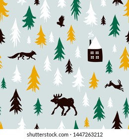 Hand-drawn forest silhouettes seamless pattern with cabin and animals:elk, fox, hare, owl