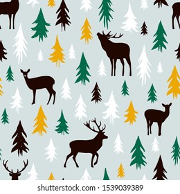 Hand-drawn forest silhouettes seamless pattern with deer