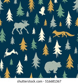Hand-drawn forest silhouettes seamless pattern with animals:elk, fox, hare, bear, owl