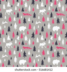 Hand-drawn forest silhouettes seamless pattern with animals:elk, fox, hare, bear, owl