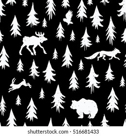 Hand-drawn forest silhouettes seamless pattern with animals:elk, fox, hare, bear, owl