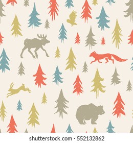 Hand-drawn forest silhouettes seamless pattern with animals:elk, fox, hare, bear, owl