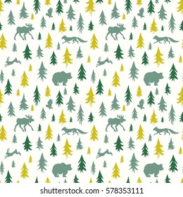 Hand-drawn forest silhouettes seamless pattern with animals:elk, fox, hare, bear, owl