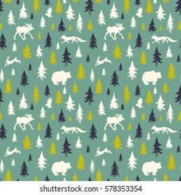 Hand-drawn forest silhouettes seamless pattern with animals:elk, fox, hare, bear, owl