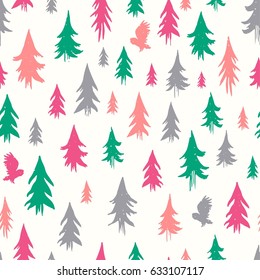 Hand-drawn forest silhouettes seamless pattern with owl.