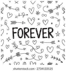 Conjunto de doodle romántico "Forever" dibujado a mano que presenta un arte lineal caprichoso de corazones, flechas de Cupido, símbolos del infinito, estrellas y florituras florales; perfecto para el Día de San Valentín, invitaciones de boda y diseños de tarjetas de felicitación sentimentales.