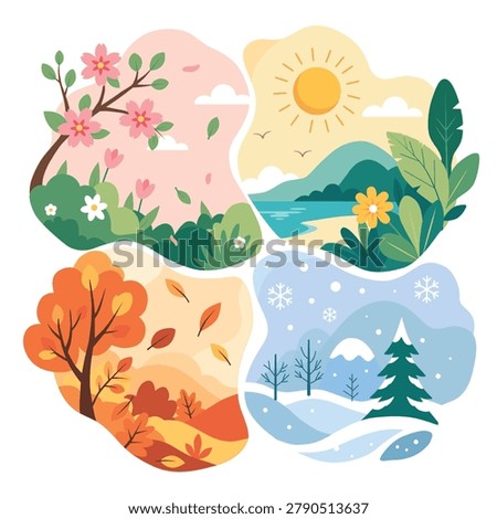 Hand-drawn four seasons illustration on white background, modern flat vector style. Spring blossoms, summer landscape, autumn foliage, and winter scenery 