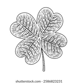 Hand-drawn four-leaf clover illustration in engraving style. Sketch. For St. Patrick's Day, luck symbols, tattoo designs, and decorations