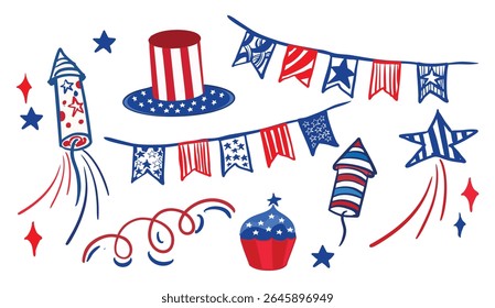 Hand-drawn Fourth of July doodle set featuring rockets, flags, stars, hat, and cupcake in red, white, and blue. Perfect for party decor, invitations, and patriotic graphic designs.
