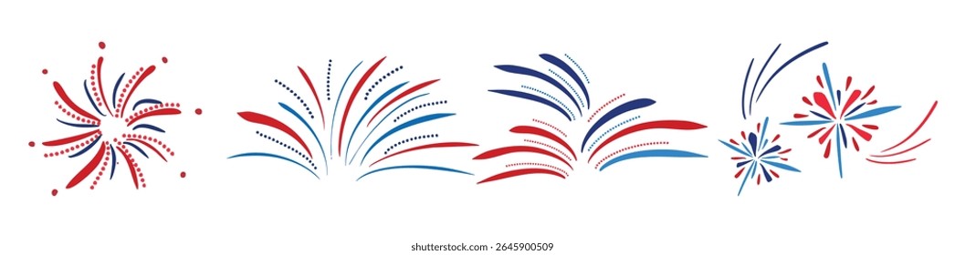 Hand-drawn Fourth of July fireworks set in red, white, and blue. Perfect for patriotic designs, party invitations, banners, and American Independence Day celebration graphics.