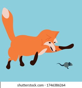 
A hand-drawn fox preys on a mouse. Fashion print. Cartoon vector summer illustration.