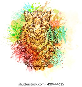 Hand-drawn fox side view with ethnic floral doodle pattern. Coloring page - zendala, design for tattoo, t-shirt print. Watercolor, chalk, pastels, pencils texture