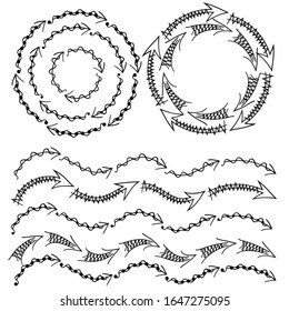 Handgezeichneter Rahmen aus den Pfeilen.Vektorillustration doodle Abbildung auf weißem Hintergrund. Fertig gefertigte Bürsten für Geschäftsprojekte, Infografiken, Notebooks und Planer. 
