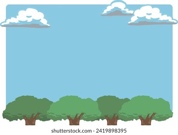 Hand-drawn frame illustration of trees, blue sky and clouds