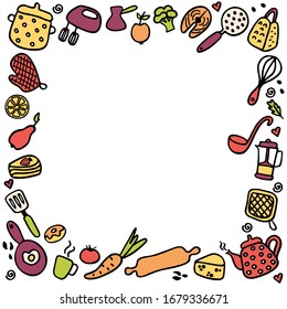 Marco hecho a mano de artículos de cocina. Iconos de doodle de electrodomésticos, dispositivos para cocinar, productos y platos.