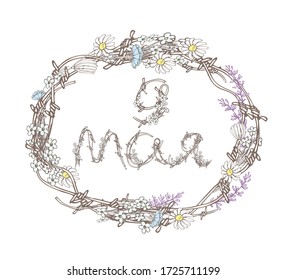 Handgezeichneter Rahmen aus Stacheldraht und Wildblumen mit der russischen Aufschrift "9. Mai". Vector Illustration zum Thema des Sieges über den Faschismus im Zweiten Weltkrieg.