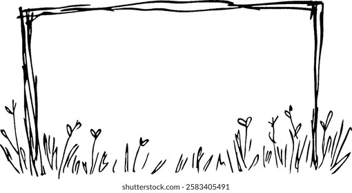 A hand-drawn frame with a simple design, featuring a grassy bottom adorned with small heart-shaped flowers. The frame is empty, allowing for customization.