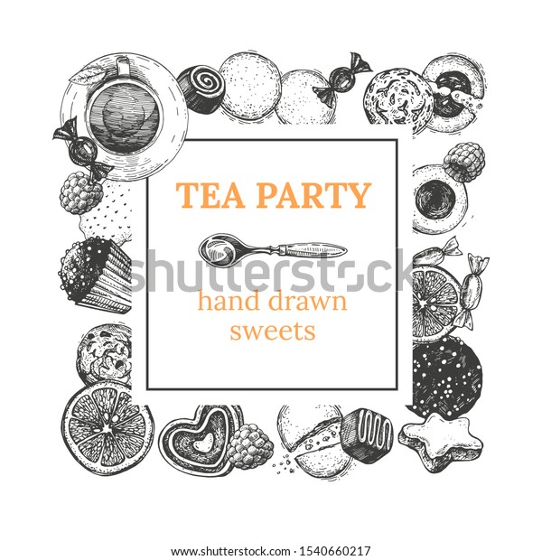 Handdrawn Frame Tea Sweets Top Stock Vector Royalty Free