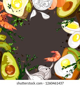 Hand-drawn frame top view, useful food, space for text, avocado toasts and shrimps, eggs, garlic, ingredients, on a dark gray background. Vector graphics eps 10