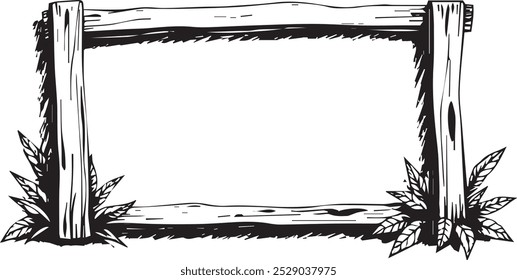 A hand-drawn frame of wooden beams and foliage.