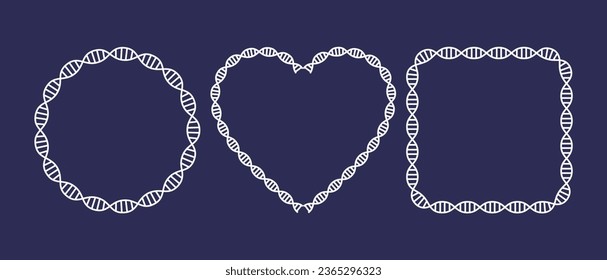 Handgezeichnete Rahmen mit Seilen und Herzen, die DNA-Frames in Vektorgrafiken auf dunklem Hintergrund bilden.